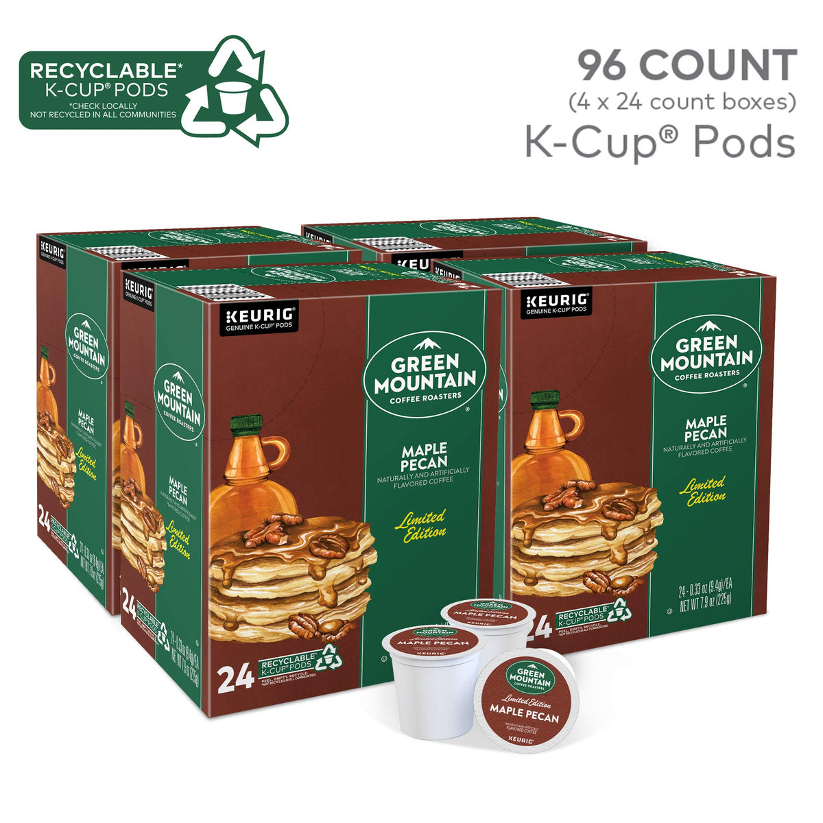 Green Mountain Maple Pecan K-Cup brew cup displays a light roast with maple-pecan notes.