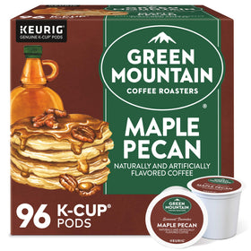 Green Mountain Maple Pecan K-Cup pods packaging highlights sustainable sourcing and convenience.