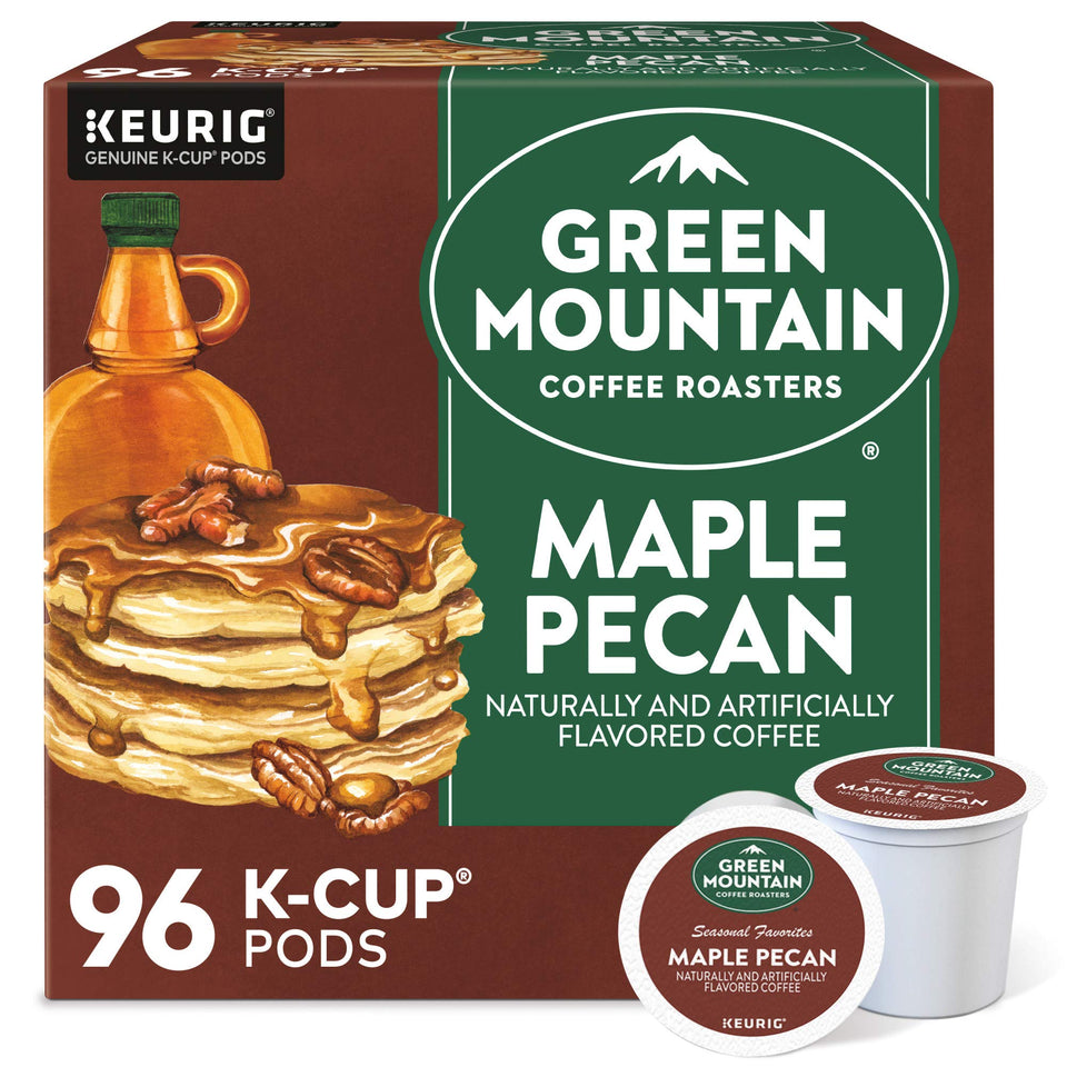 Green Mountain Maple Pecan K-Cup pods packaging highlights sustainable sourcing and convenience.