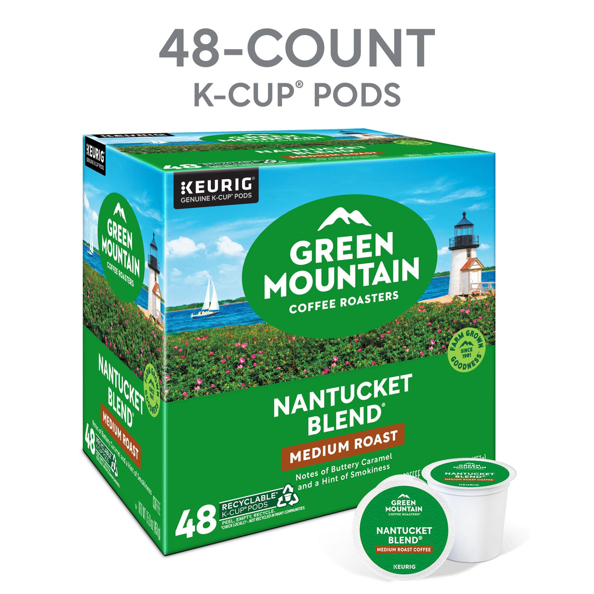 Green Mountain Nantucket Blend coffee beans, close-up, aromatic grounds hinting at caramel and chocolate notes.