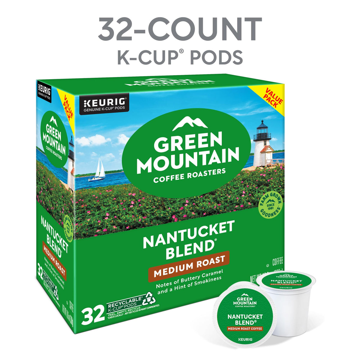 Green Mountain Nantucket Blend coffee beans highlight premium Arabica quality.