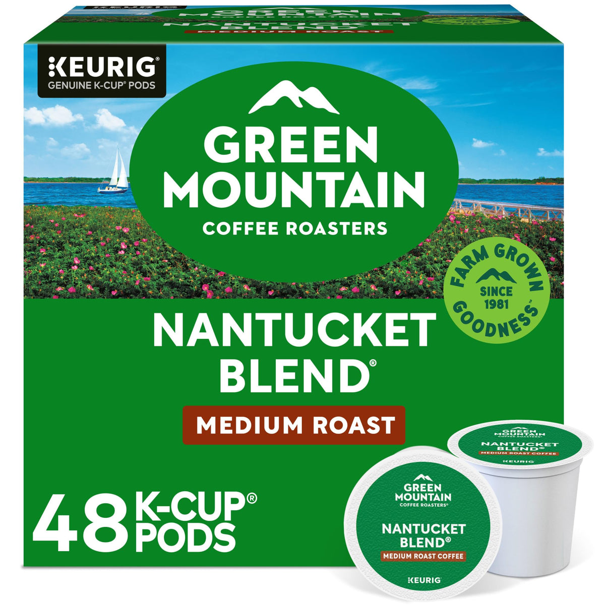 Green Mountain Nantucket Blend K-Cup pods, front view, convenient single-serve coffee for quick mornings.