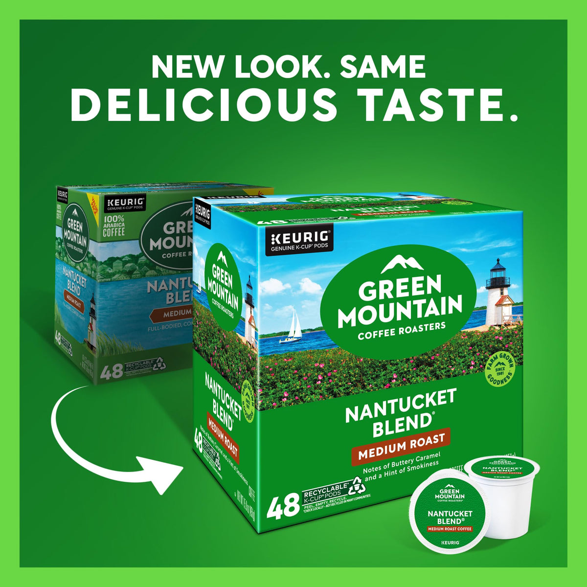 Green Mountain Nantucket Blend K-Cup pods, package view, grab-and-go coffee for mornings.