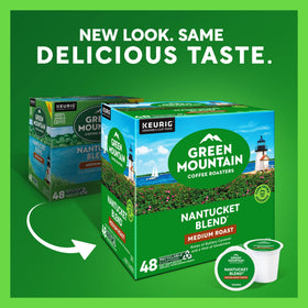 Green Mountain Nantucket Blend K-Cup pods, package view, grab-and-go coffee for mornings.