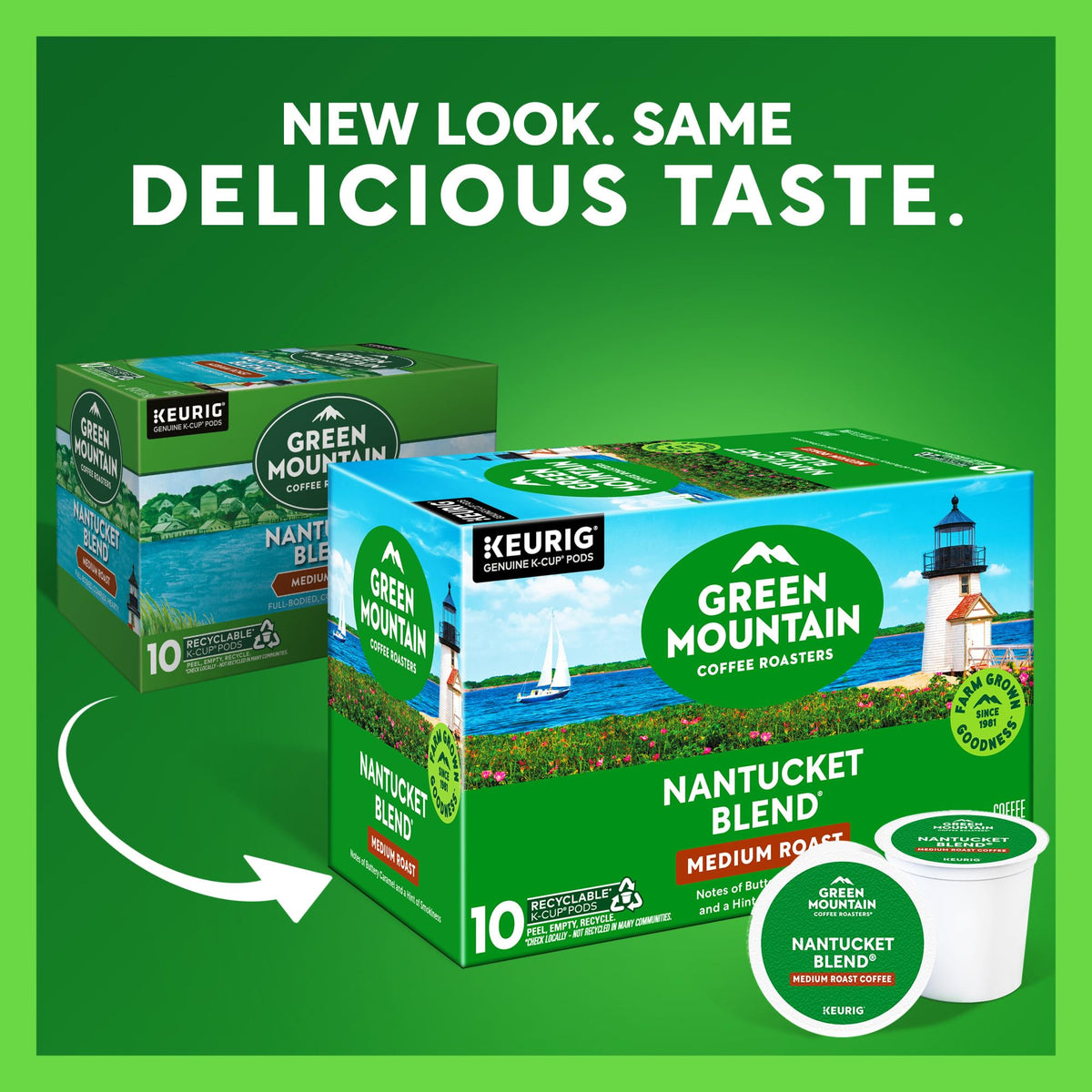 Nantucket Blend packaging close-up highlighting recyclable K-Cups.