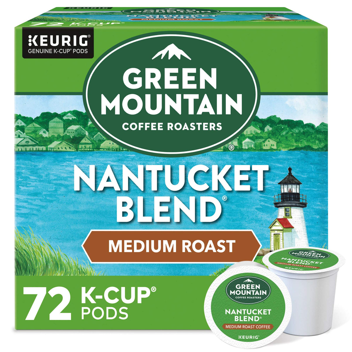 Green Mountain Nantucket Blend pod front highlighting convenient single-serve brewing