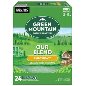 Green Mountain Our Blend in a glass mug with dried fruit notes.