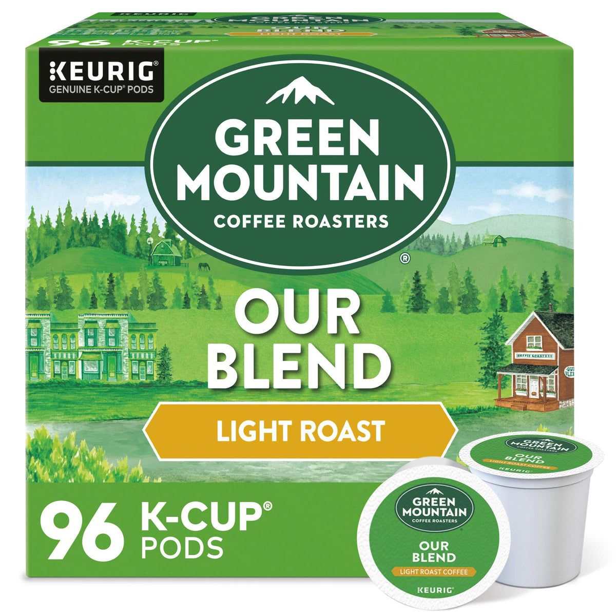 Green Mountain Our Blend Keurig pod front view, light roast ideal for quick mornings.