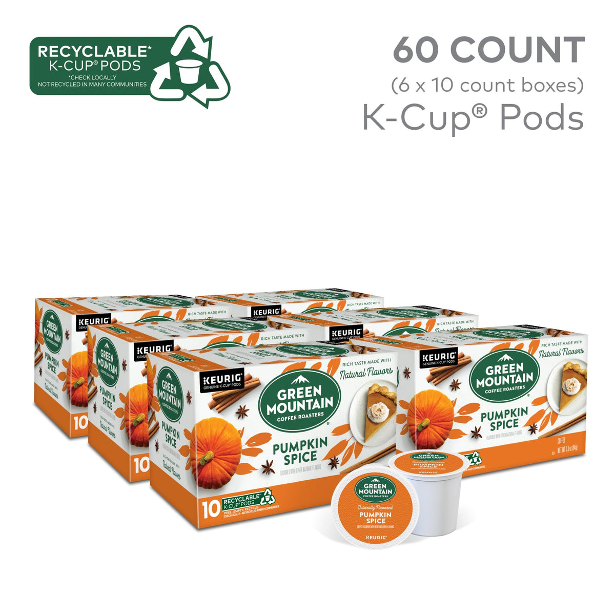 Green Mountain Pumpkin Spice packaging labels showcase fall flavor and convenient 60-count packs.