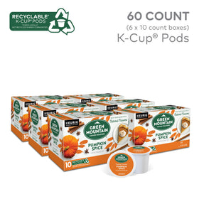 Green Mountain Pumpkin Spice packaging labels showcase fall flavor and convenient 60-count packs.