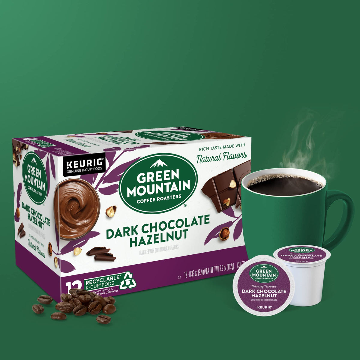 Green Mountain dark chocolate hazelnut coffee delivers rich cocoa notes