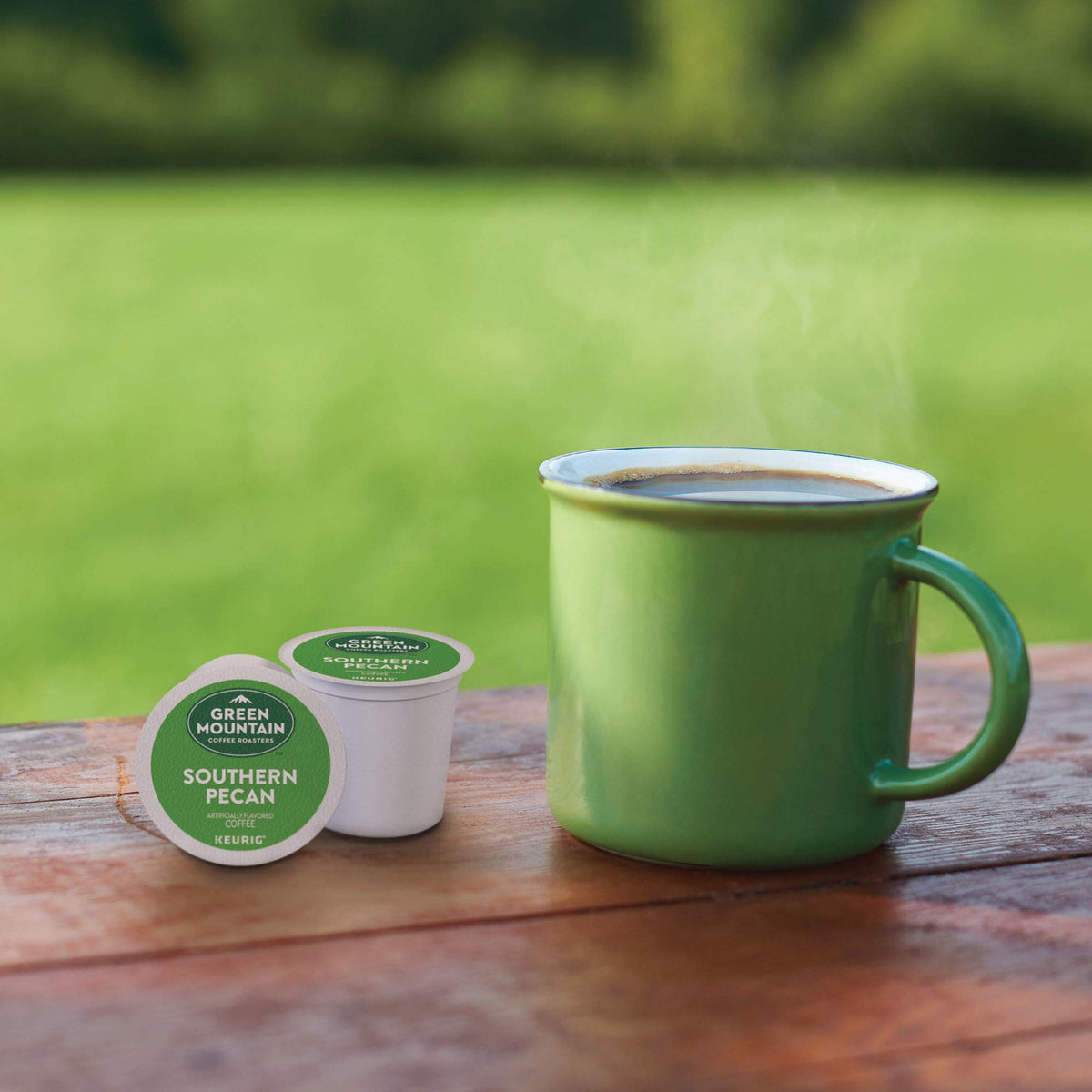 Green Mountain Southern Pecan K-Cup open to reveal fresh grounds and flavor