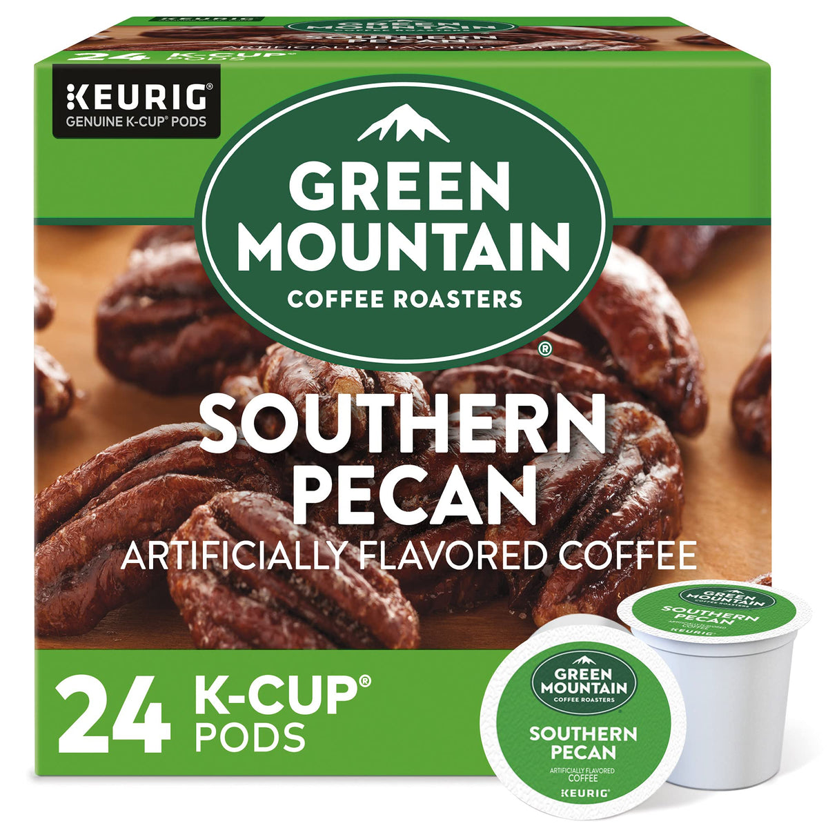 Green Mountain Southern Pecan K-Cup pod ready for brewing a flavorful cup