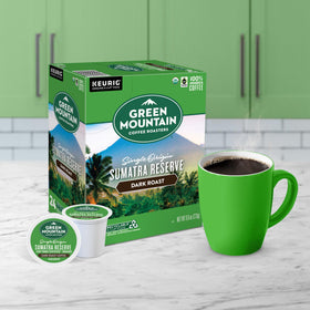 Green Mountain Sumatra Reserve pod imagery emphasizes Keurig compatibility.