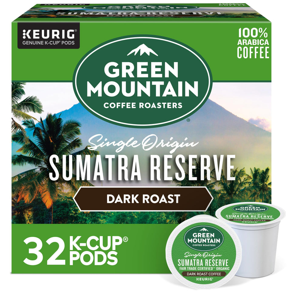 Green Mountain Coffee Roasters Sumatra Reserve K-Cup pod ready for brewing.