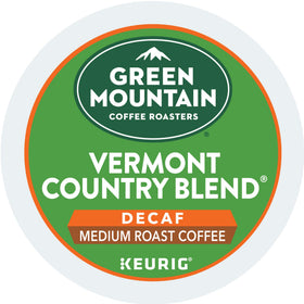 Green Mountain Vermont Country Blend Decaf K-Cups beside a mug for evening relaxation