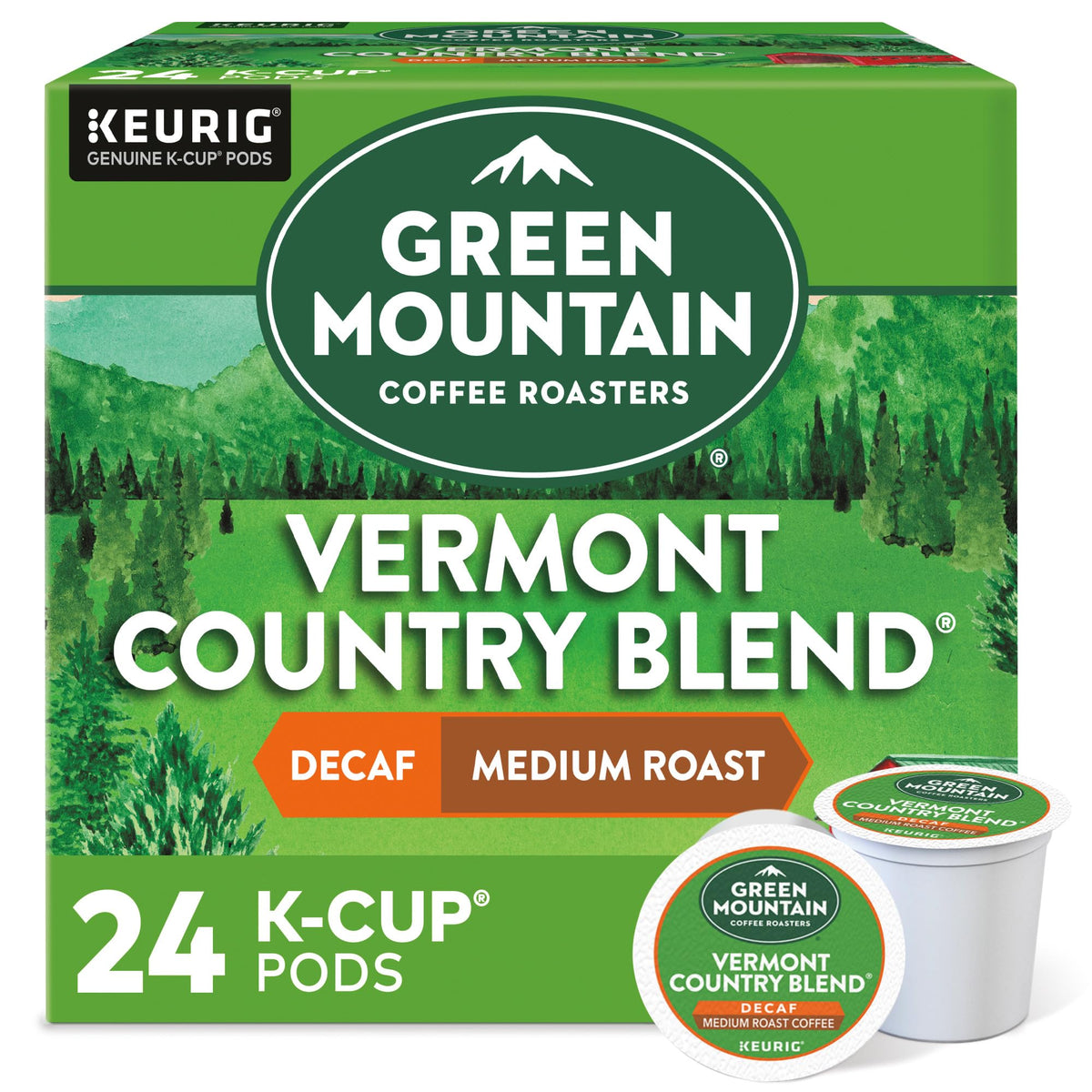 Green Mountain Vermont Country Blend Decaf K-Cup packaging ready for easy home use