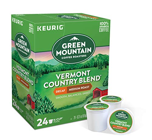 Green Mountain Vermont Country Blend Decaf K-Cups close-up, inviting aroma for mellow mornings.