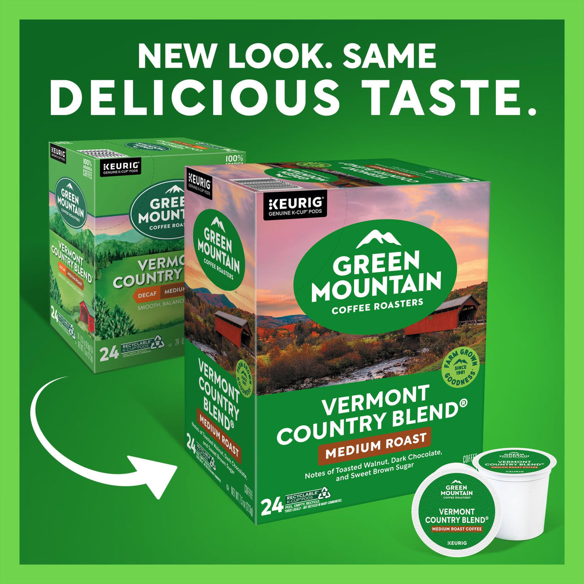 Green Mountain Vermont Country Blend K-Cup box—easy loading for quick, consistent mornings.