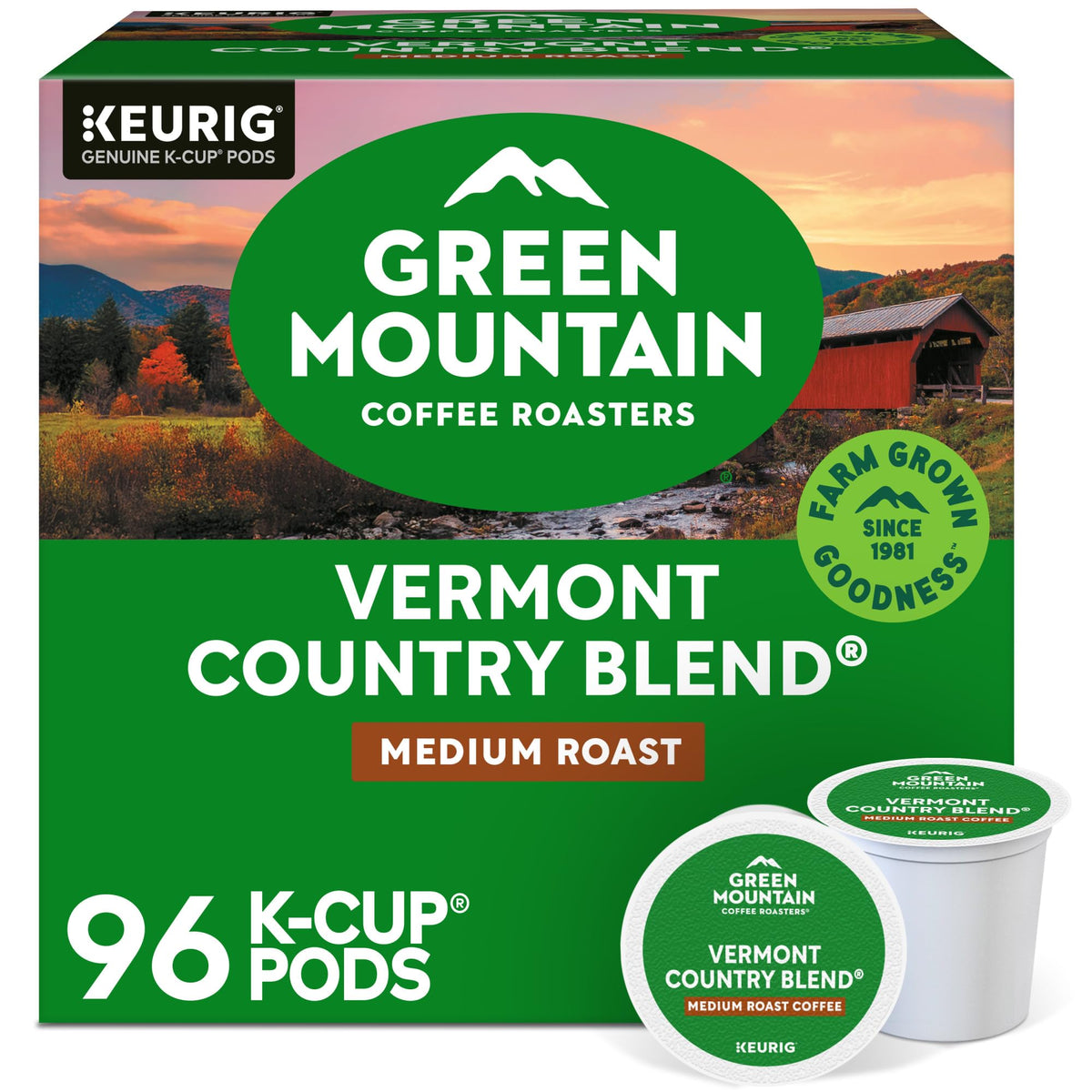 Green Mountain Vermont Country Blend K-Cup pod-front—smooth, balanced aroma for mornings.