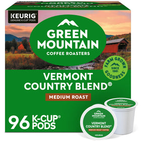 Green Mountain Vermont Country Blend K-Cup pod-front—smooth, balanced aroma for mornings.