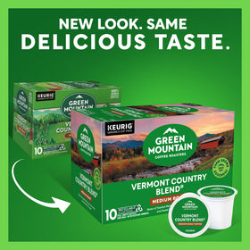 Green Mountain Vermont Country Blend six-pack packaging highlighting sustainable sourcing.