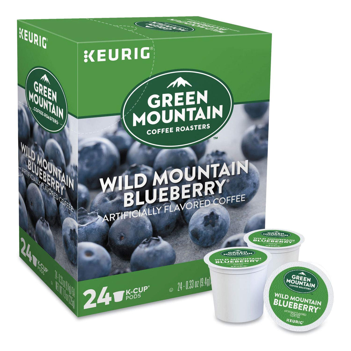 Green Mountain Wild Mountain Blueberry Coffee bag close-up highlights the aromatic label.