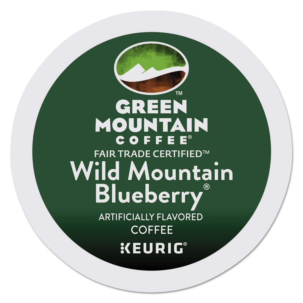 Green Mountain Wild Mountain Blueberry Coffee packaging shows the brand and seal for authenticity.