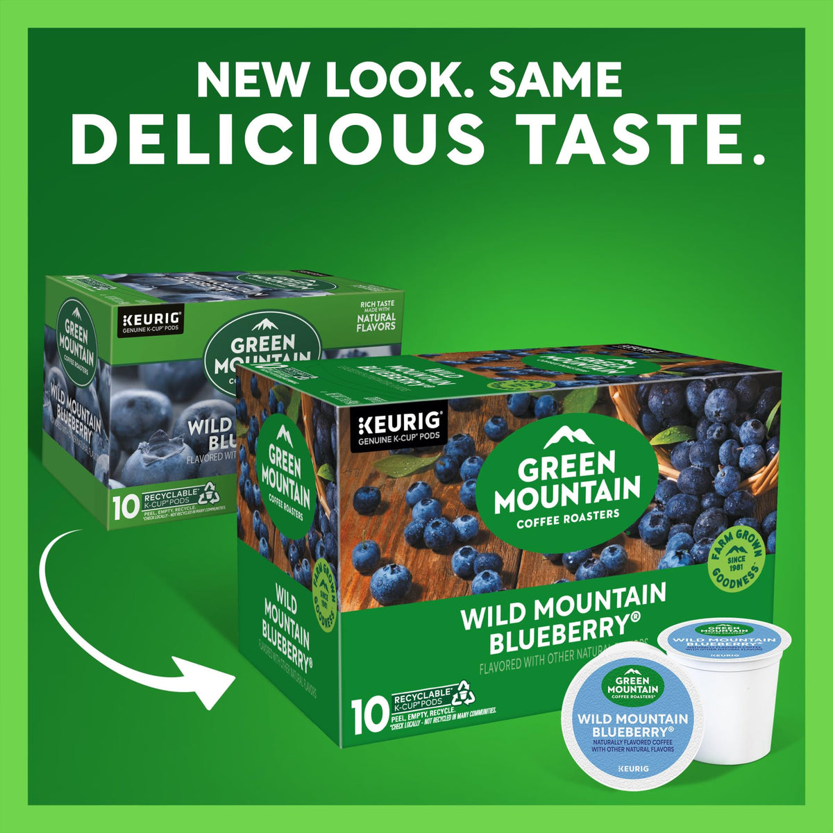 Green Mountain Wild Mountain Blueberry K-Cup box highlight six-pack value.