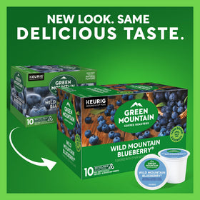 Green Mountain Wild Mountain Blueberry K-Cup box highlight six-pack value.
