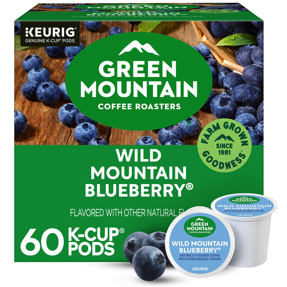 Green Mountain Wild Mountain Blueberry K-Cup packaging showcasing fruity morning aroma.