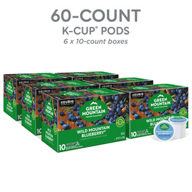 Green Mountain Wild Mountain Blueberry K-Cup pod close-up, premium grounds.