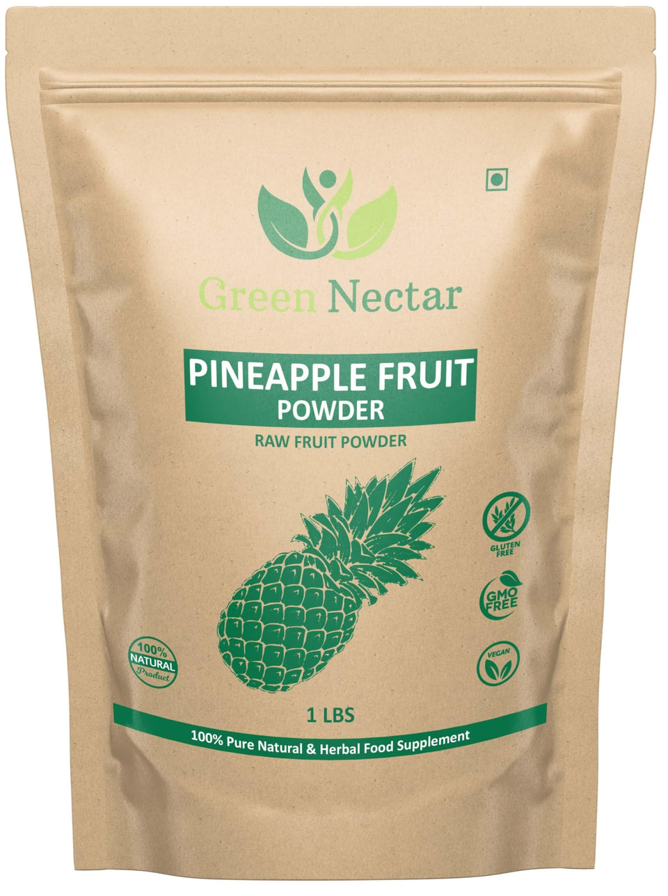 GREEN NECTAR pineapple juice powder packaging showcases vegan and gluten-free formula.