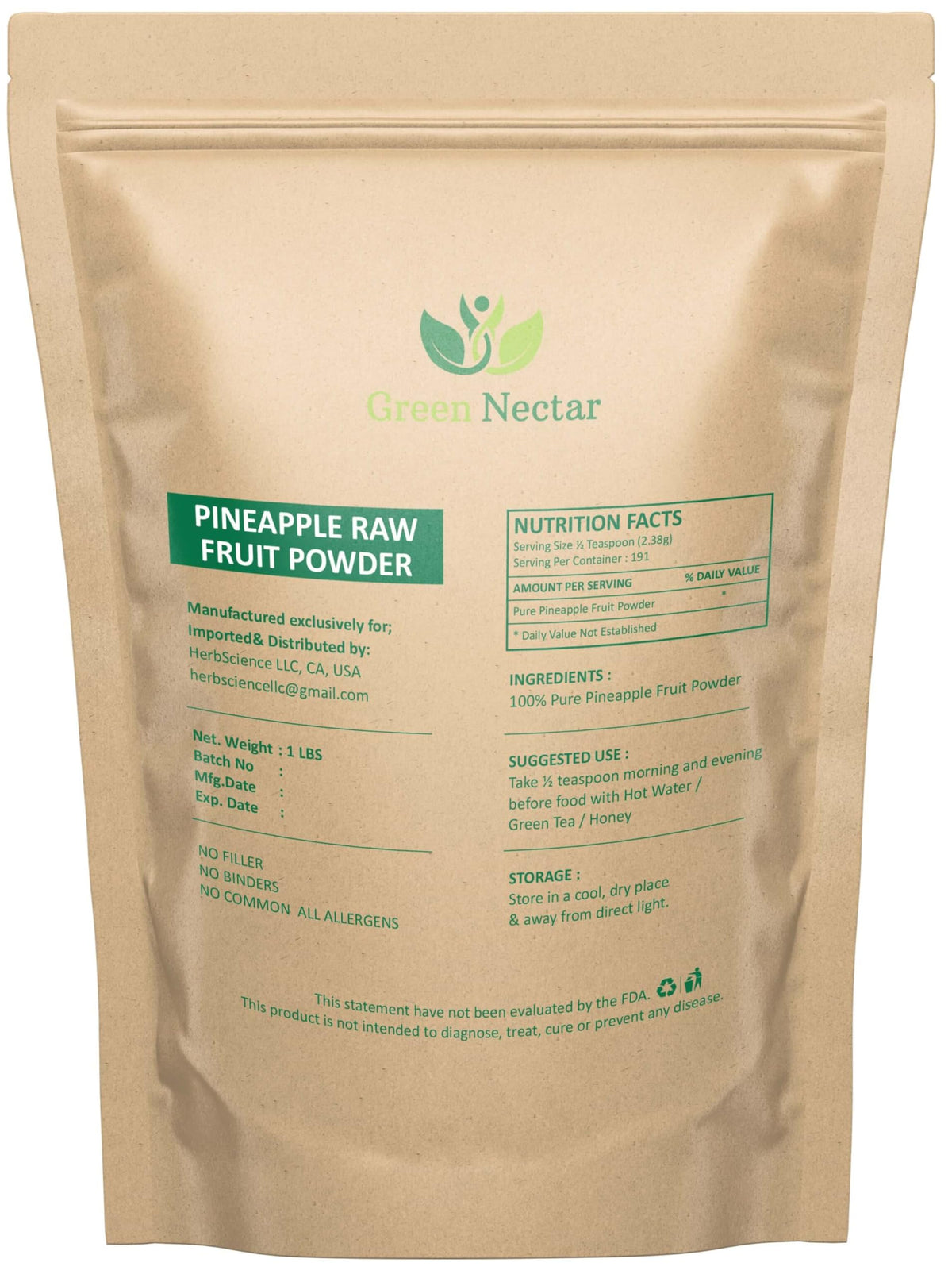 GREEN NECTAR pineapple powder bag close-up emphasizes natural ingredients and no preservatives.