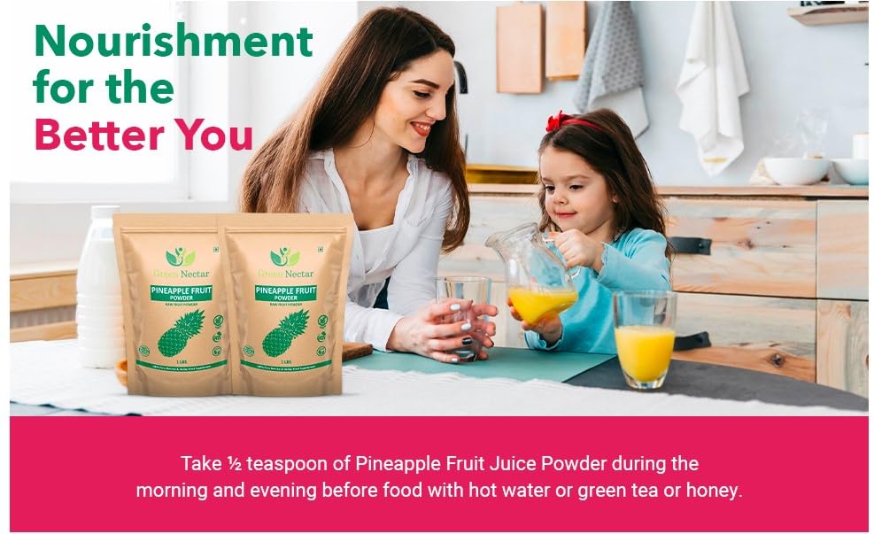 GREEN NECTAR pineapple powder in a ready-to-serve juice, showcasing vivid color.