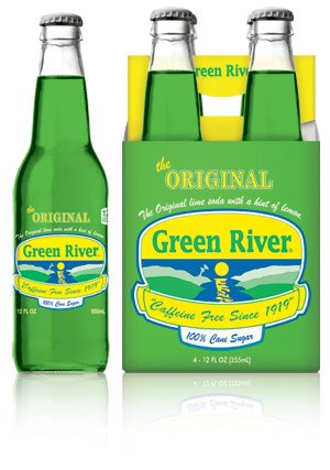 Green River Soda 4-pack bottle on a bright table, nostalgic lime flavor for gatherings.