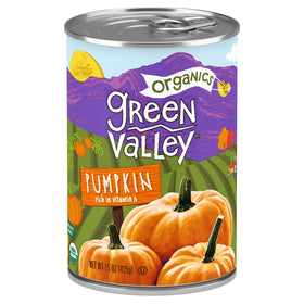 Green Valley Organics Pumpkin 100-Dickinson image highlights naturally sweeter flavor for pies.