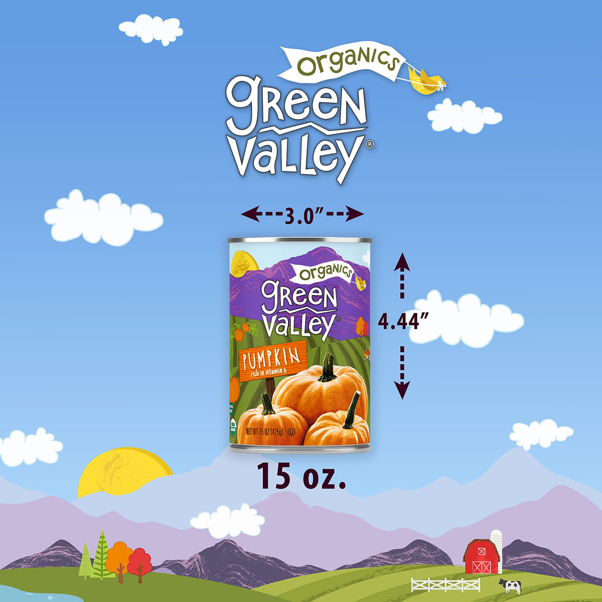 Green Valley Organics Pumpkin Can image highlights recyclable packaging and non-BPA lining.