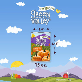 Green Valley Organics Pumpkin Can image highlights recyclable packaging and non-BPA lining.