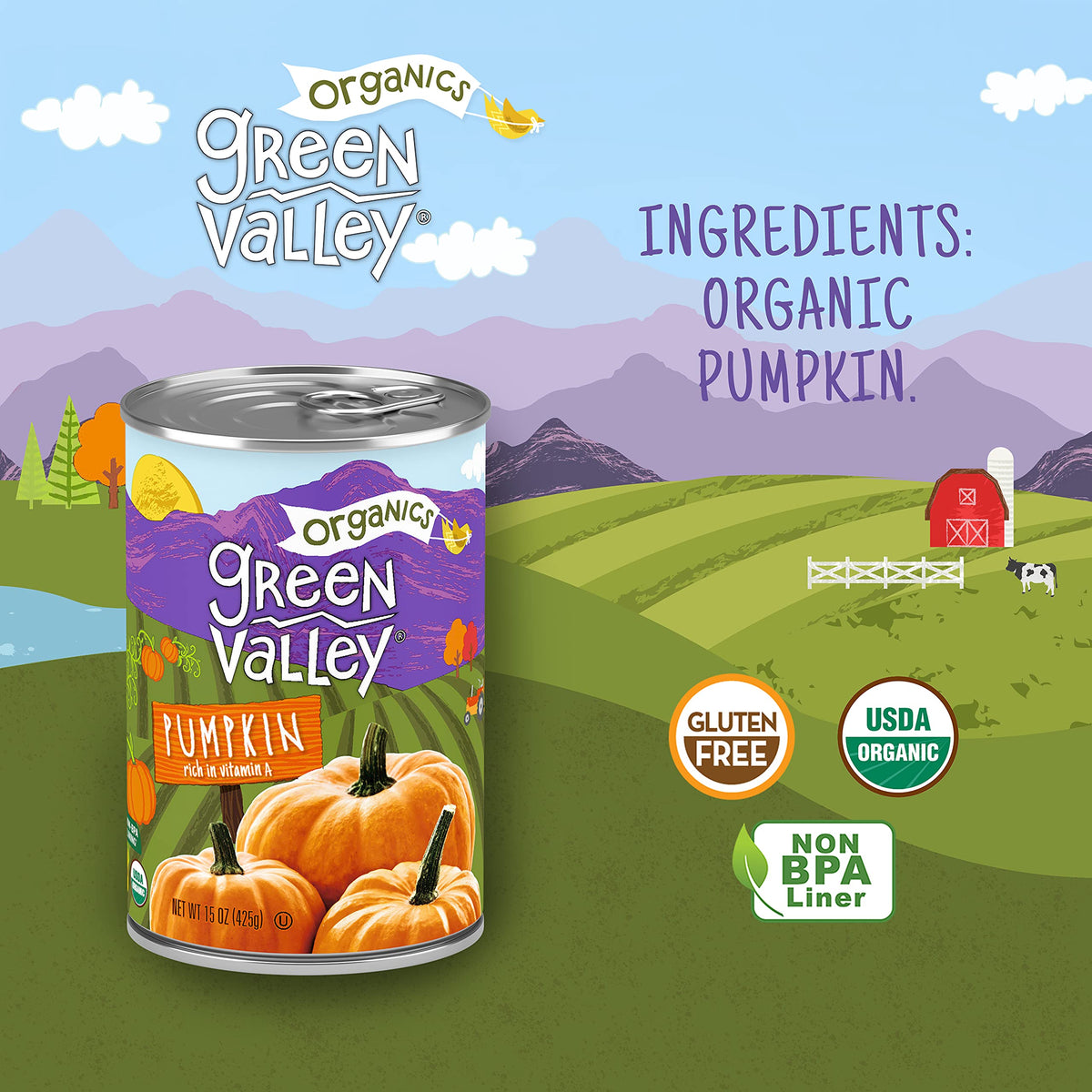 Green Valley Organics Pumpkin Clean Label image emphasizes unsweetened, additive-free use.