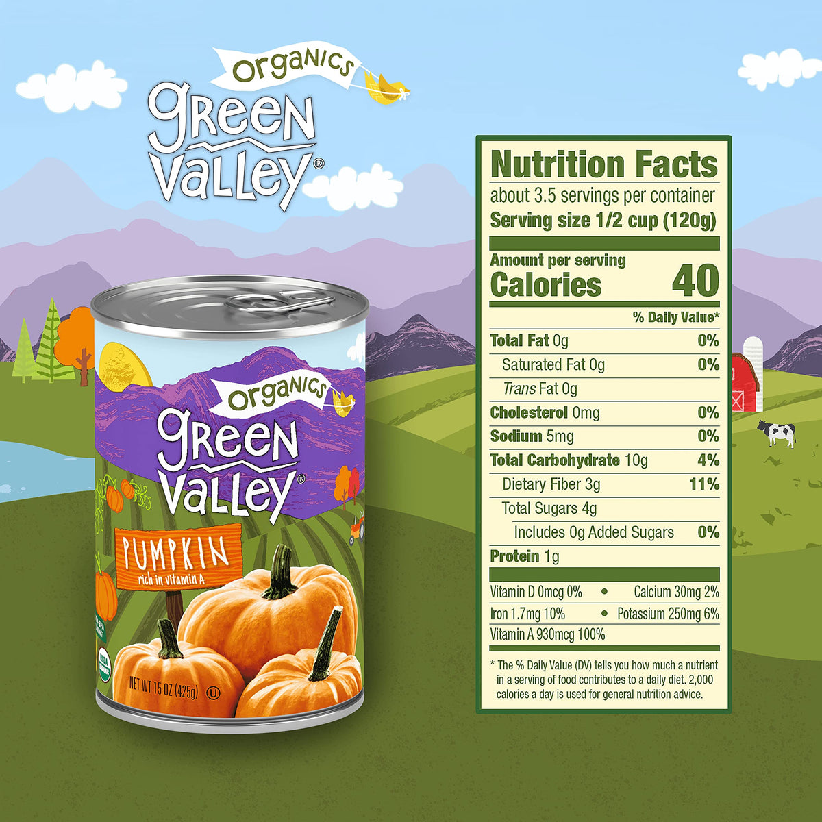 Green Valley Organics Pumpkin Farm-to-Table image showcases USA-grown, family-farm origins.