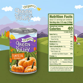 Green Valley Organics Pumpkin Farm-to-Table image showcases USA-grown, family-farm origins.