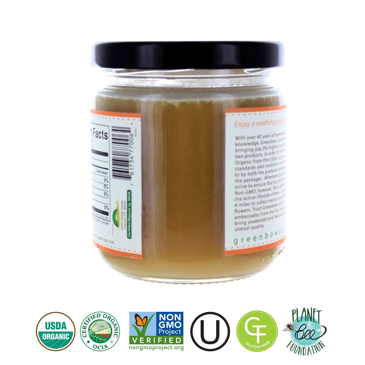 Greenbow Organic Honey with Ginger jar presents golden, versatile sweetener for tea and toast.