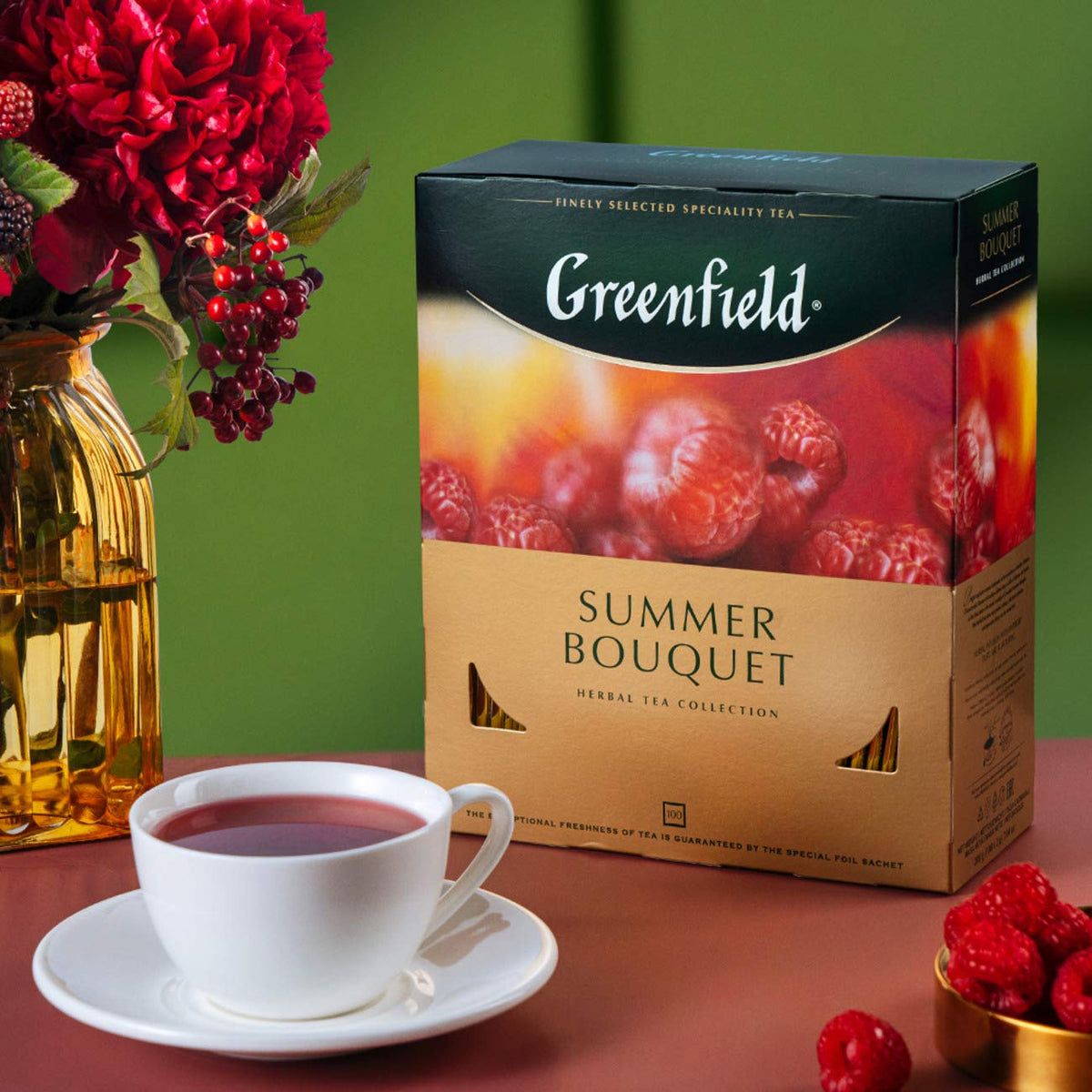 Greenfield Naturally caffeine-free herbal tea fits any time of day.