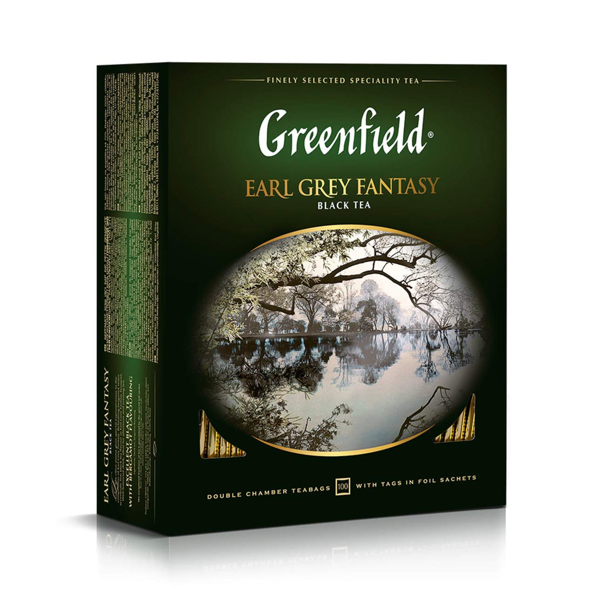 Greenfield Earl Grey Fantasy cup with lemon slice, highlighting citrus notes.