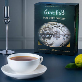 Greenfield tea gift set display featuring Earl Grey Fantasy box.