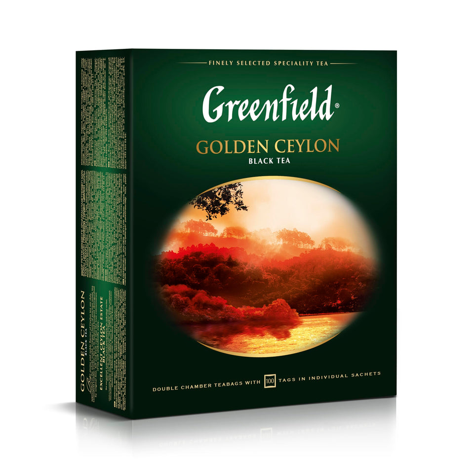 Greenfield Golden Ceylon tea bags in foil sachets preserve aroma and freshness.