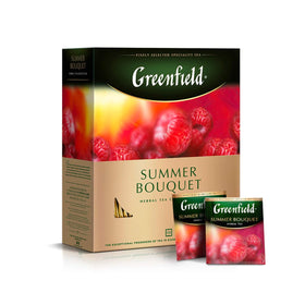 Greenfield Summer Bouquet Tea Bags in foil sachets for lasting freshness.