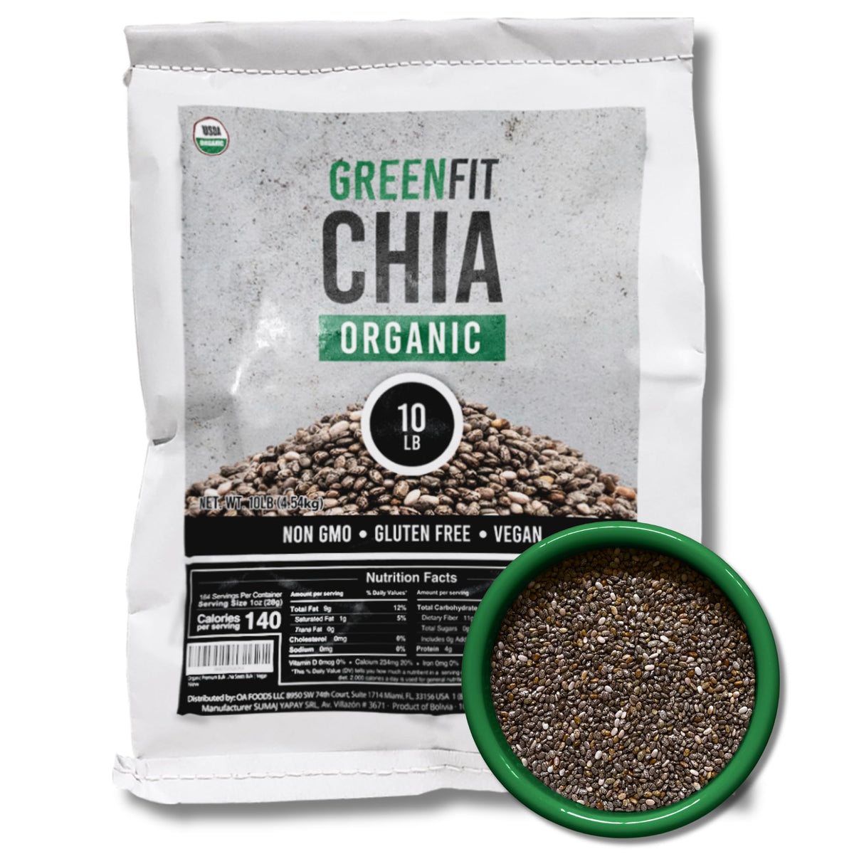 Greenfit chia seeds bulk 10lb bag front, ideal for bulk savings and meal prep.