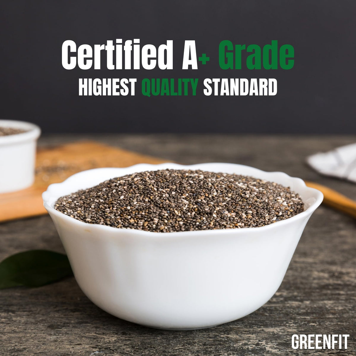 Greenfit chia seeds non-GMO label seen on packaging.